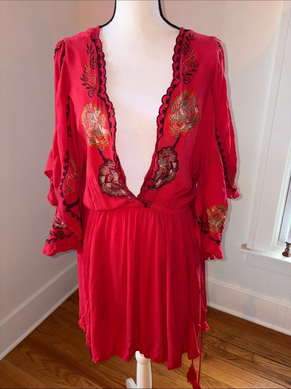 Free People Cora Embroidered Mini Dress Red Size Large